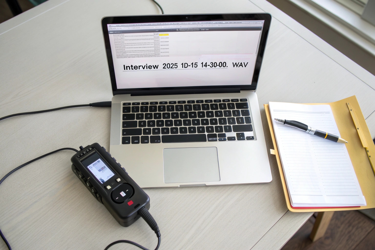 A digital recorder connected to a laptop, showing timestamped audio files being transferred.