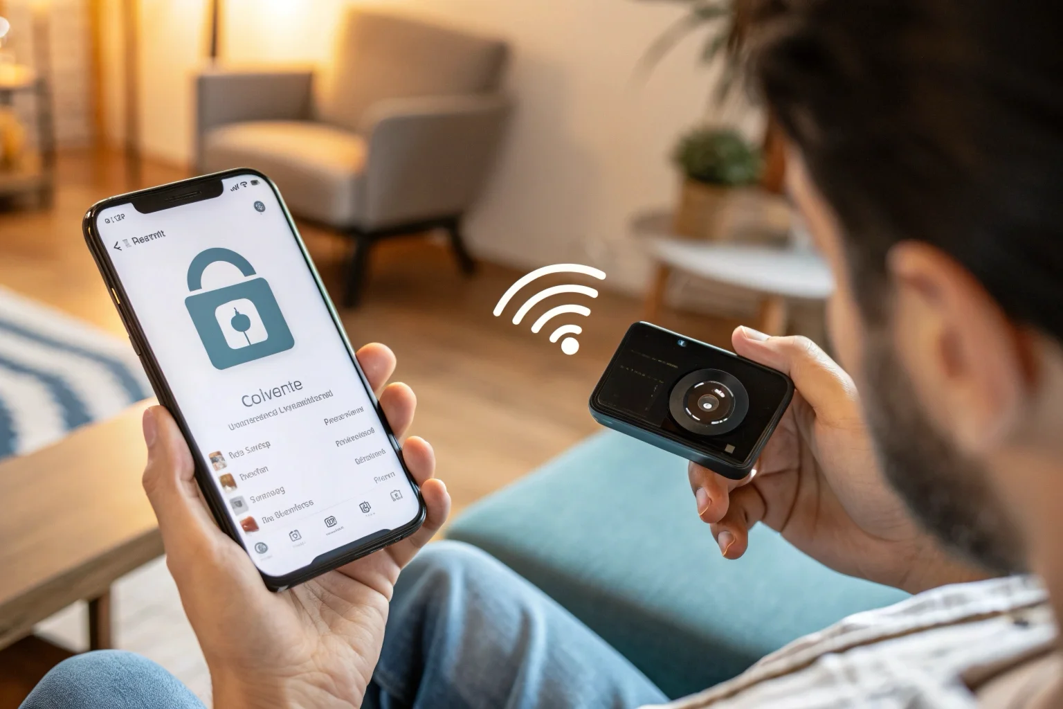 A person setting up a mini camera with a smartphone, with a padlock icon overlaid on the WiFi signal