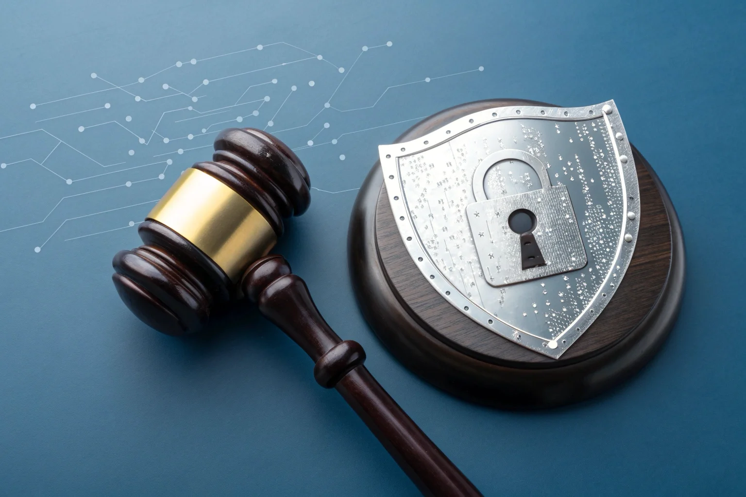 Un'icona con un martello da giudice e uno scudo per simboleggiare legge e privacy