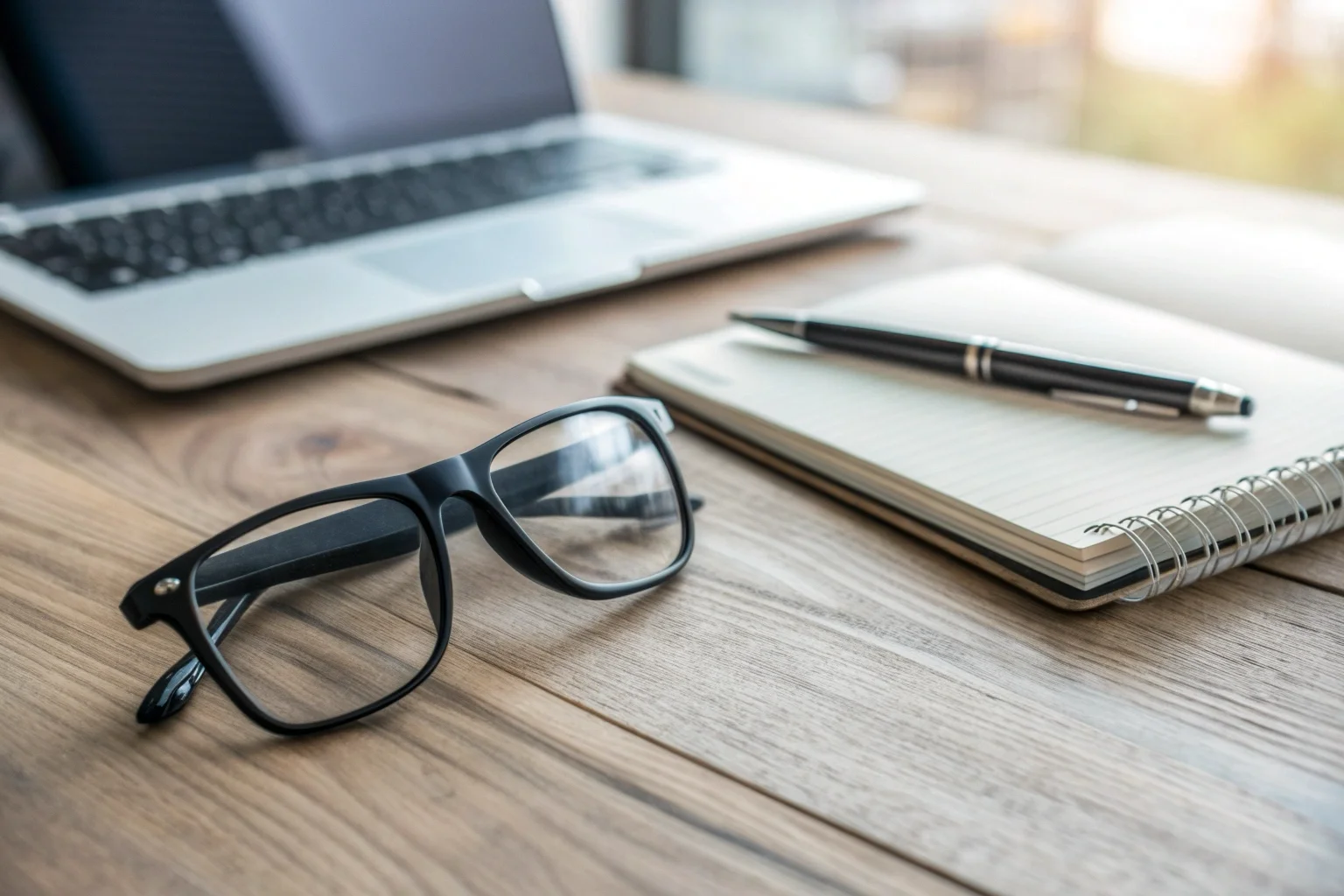 A pair of sleek, modern black camera glasses resting on a wooden table next to a notebook.