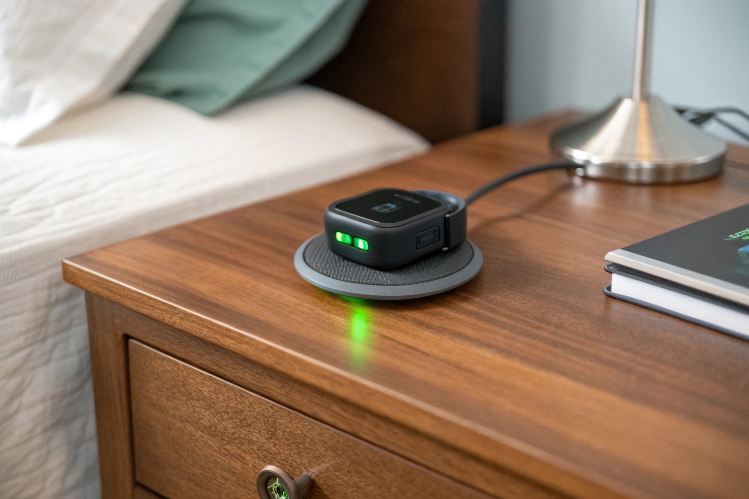 A pet tracker charging on a sleek wireless charging pad, with a green light indicating a full battery
