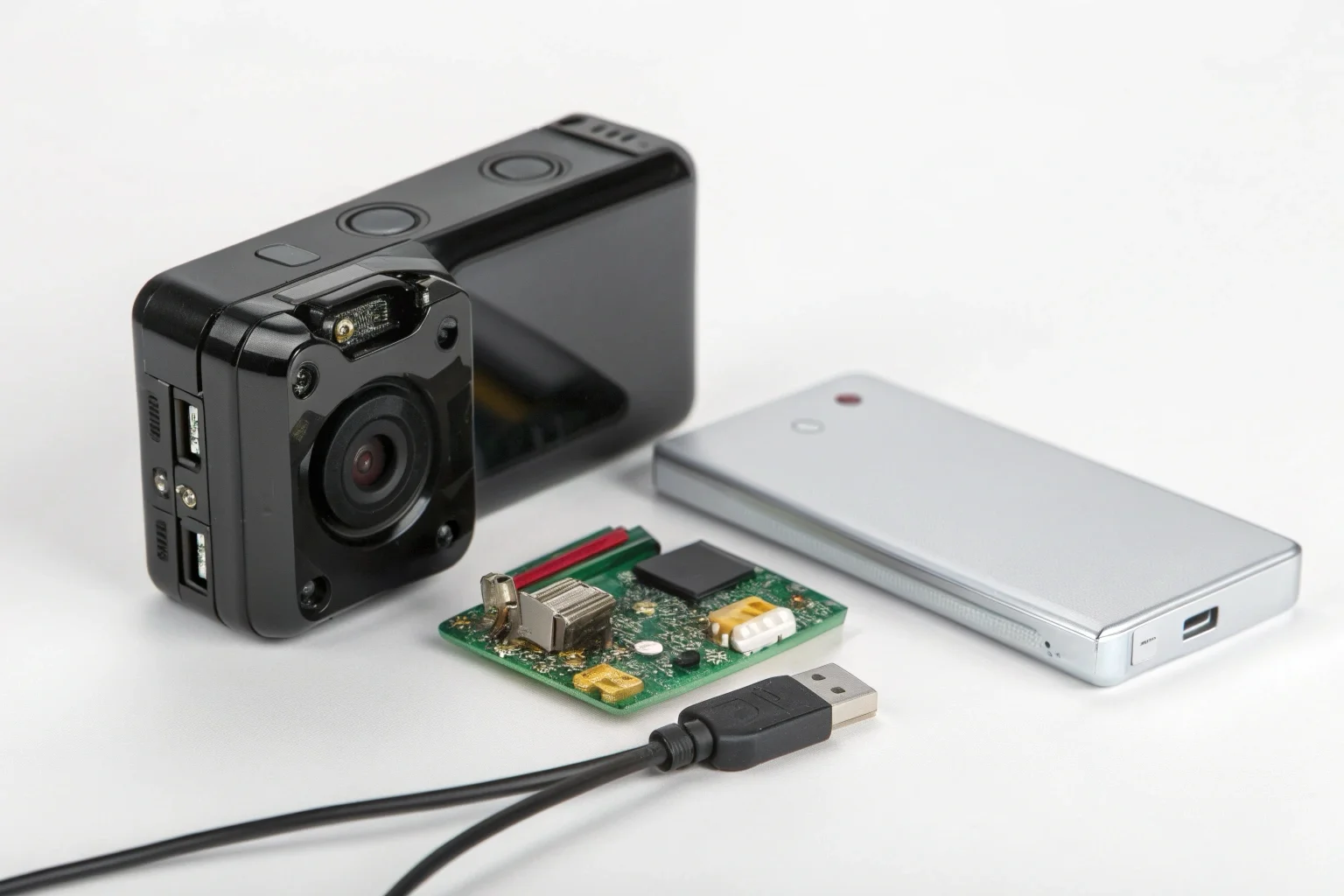 A hand holding a compact spy camera next to a high-capacity battery pack