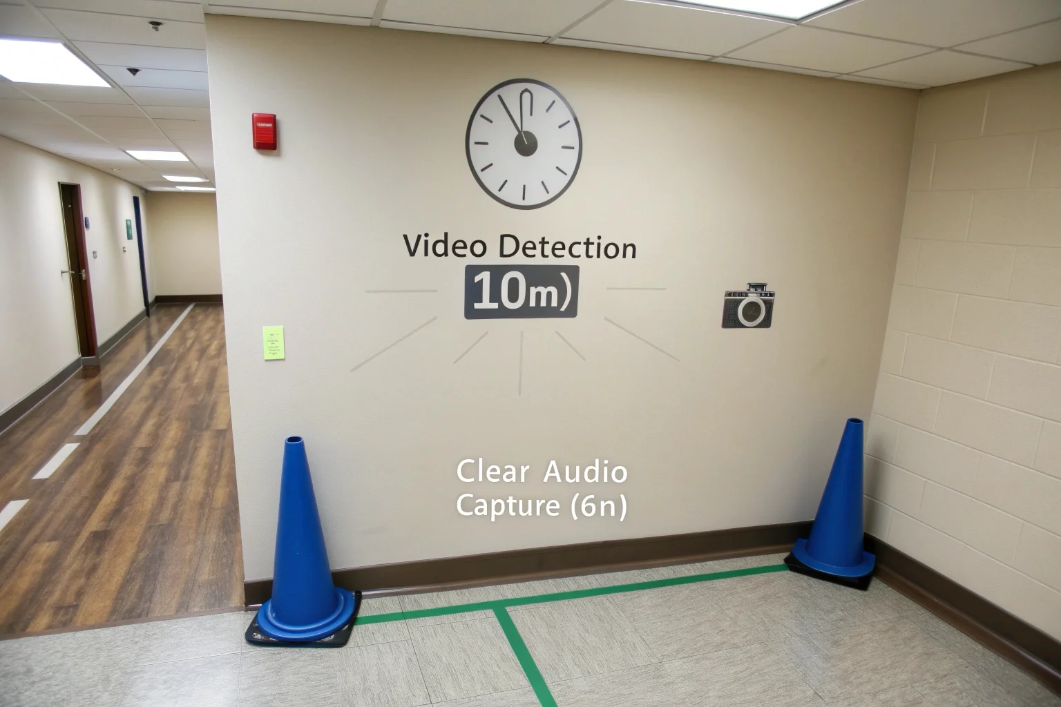 Un diagramma che mostra il raggio di rilevamento video e audio di una telecamera spia in una stanza