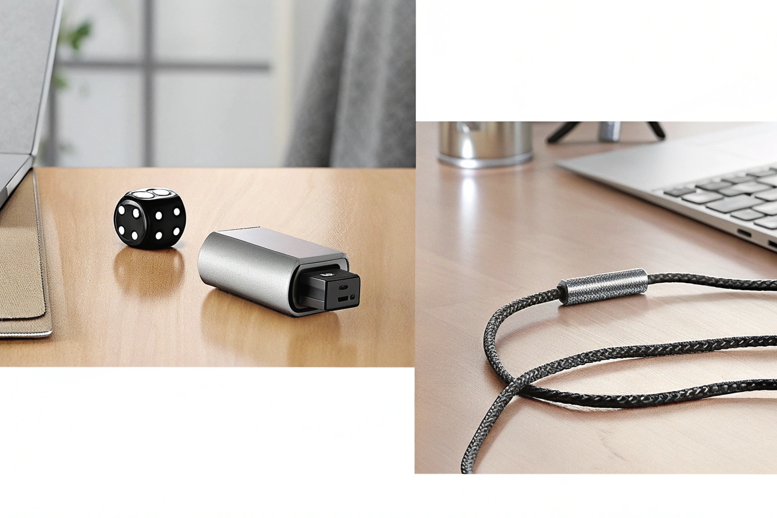 A small, black spy camera placed next to a portable power bank, connected by a USB cable, suggesting extended recording capability