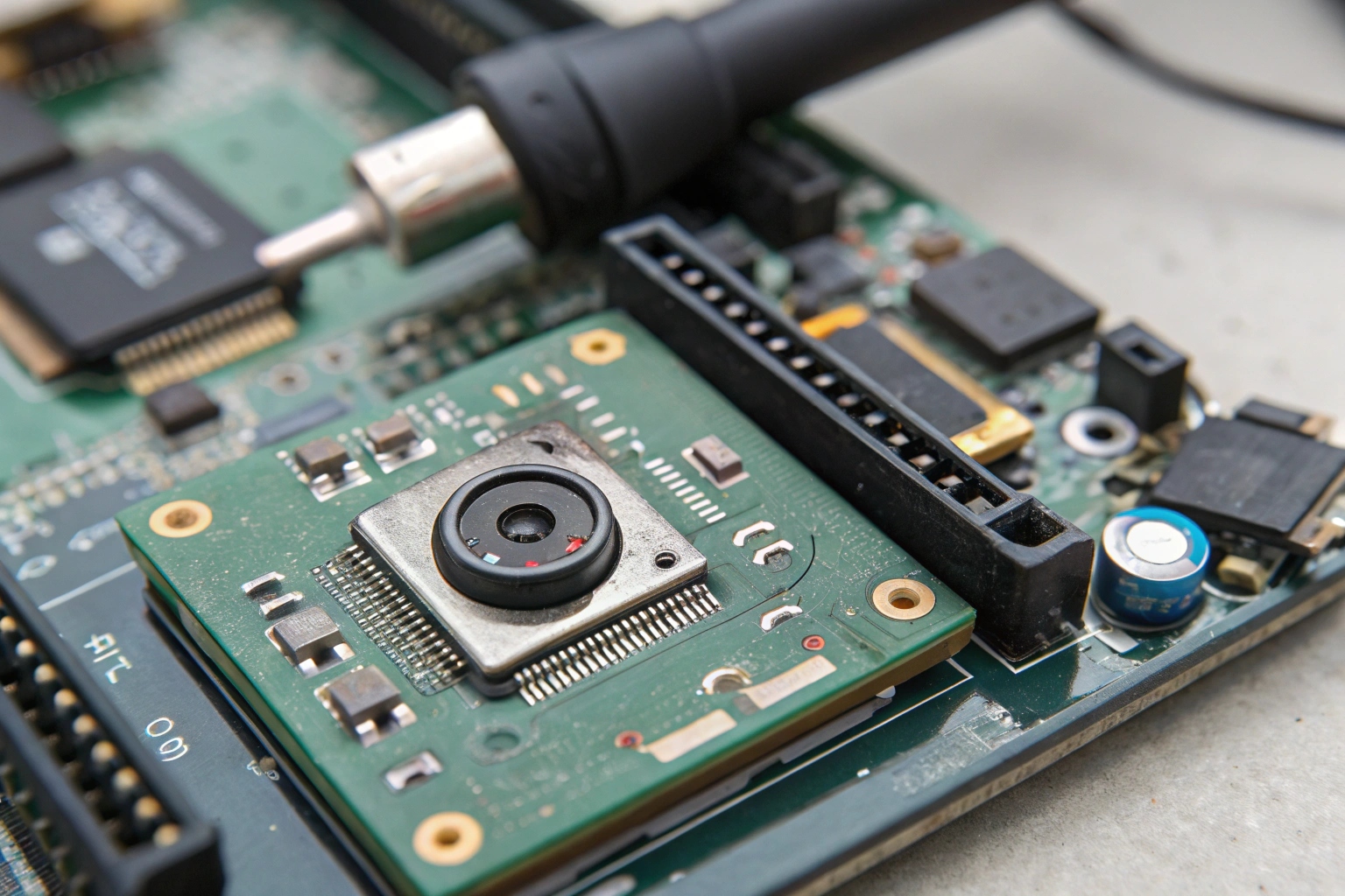 A close-up macro shot of a spy pen's internal chipset and lens components.