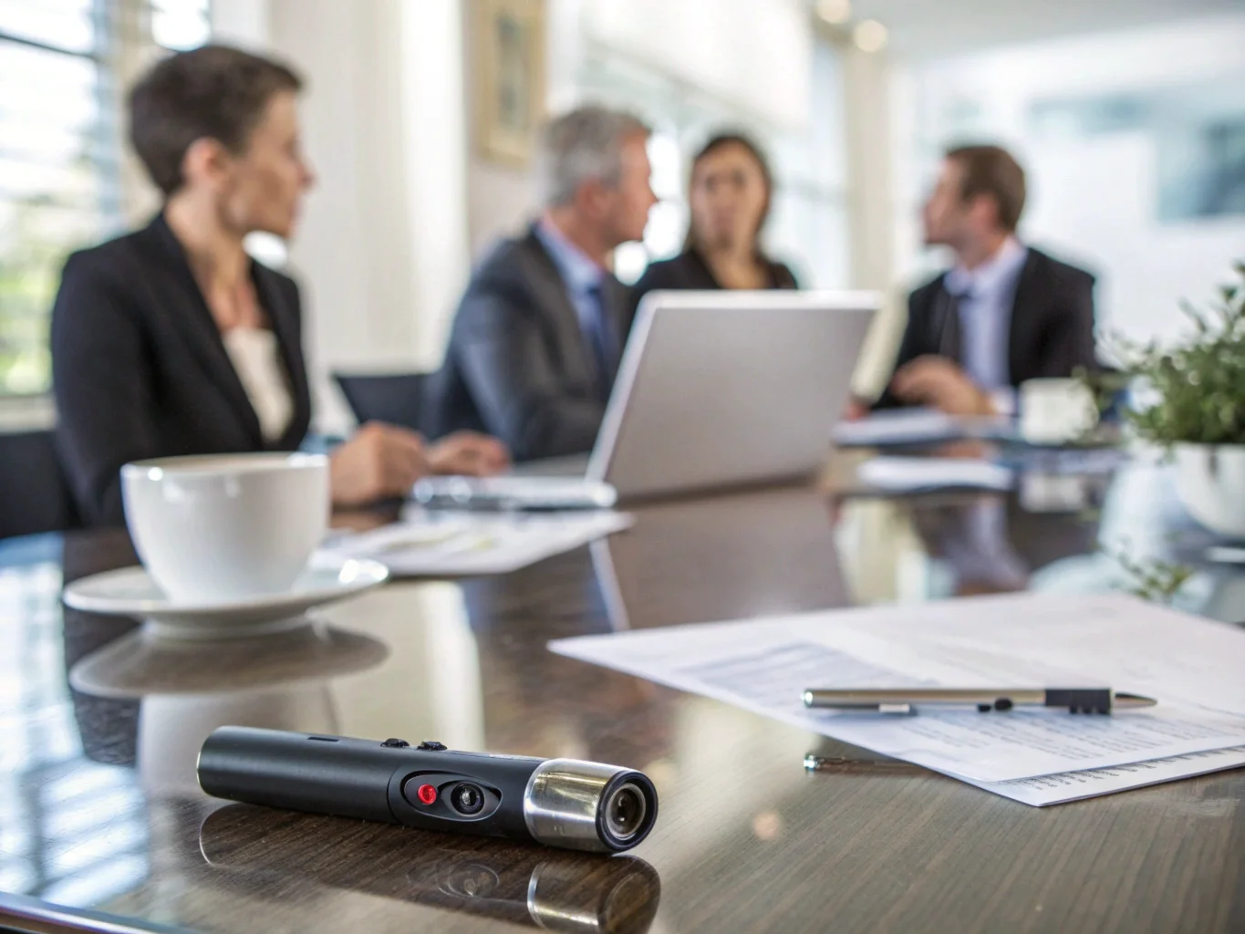 A professional business meeting with a spy camera pen placed discreetly among papers and a laptop on the conference table.