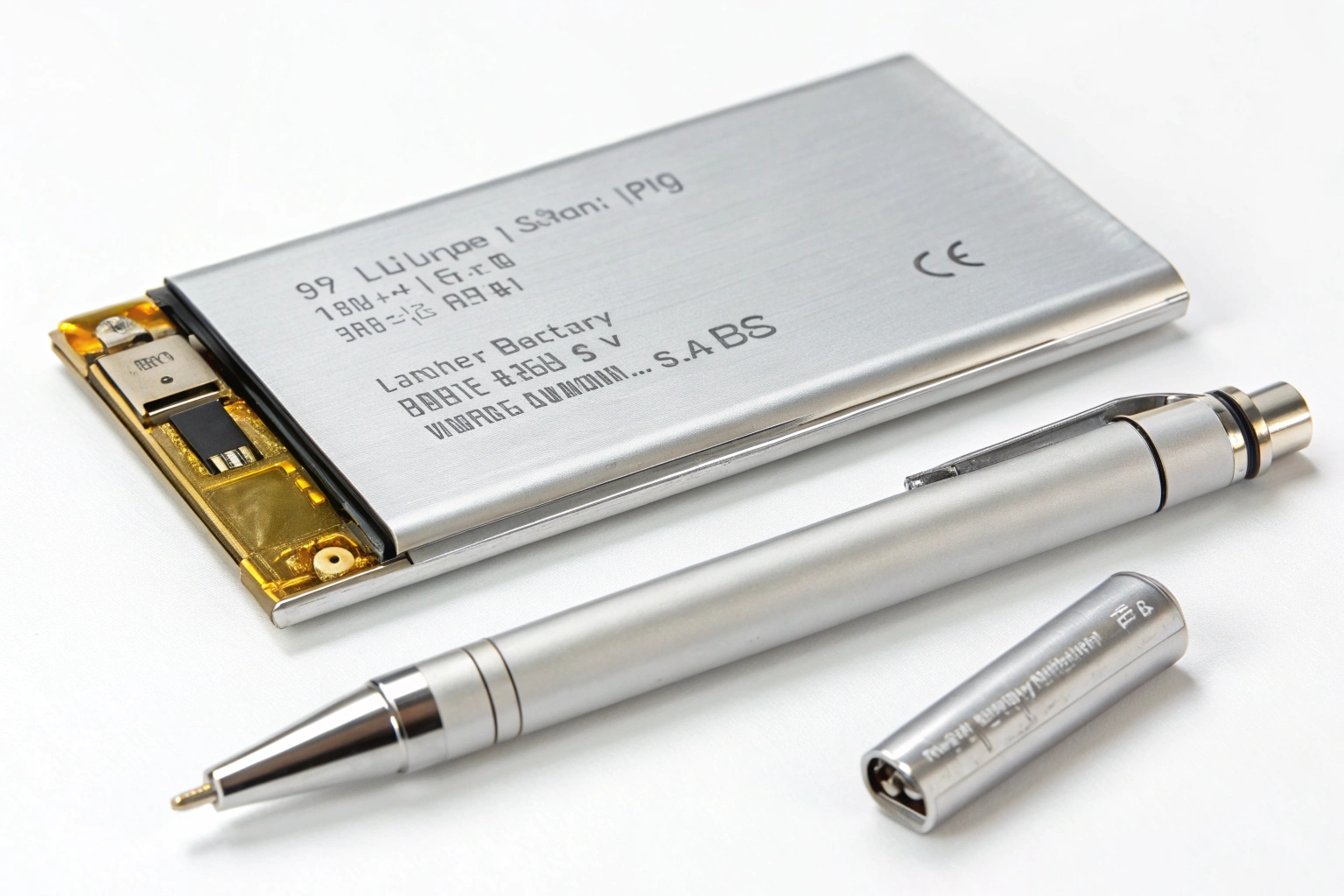 A spy pen shown next to its high-quality lithium-polymer battery component.