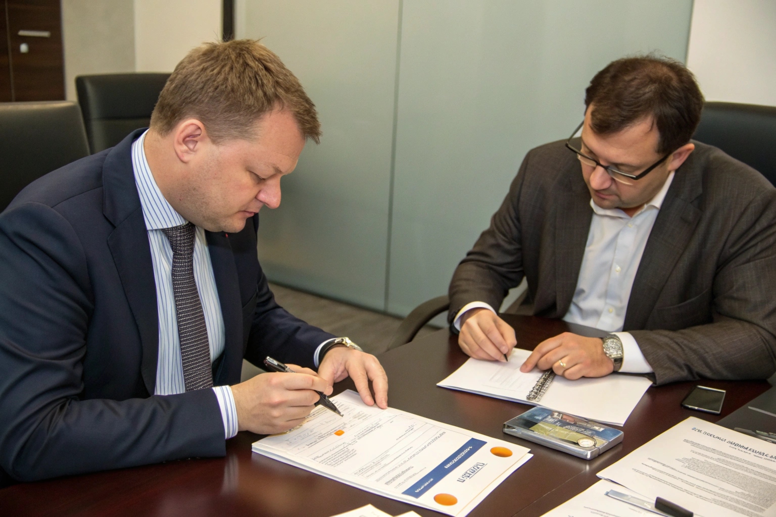A B2B meeting with a retailer examining a spy pen, with CE and ROHS certificates visible on the table.