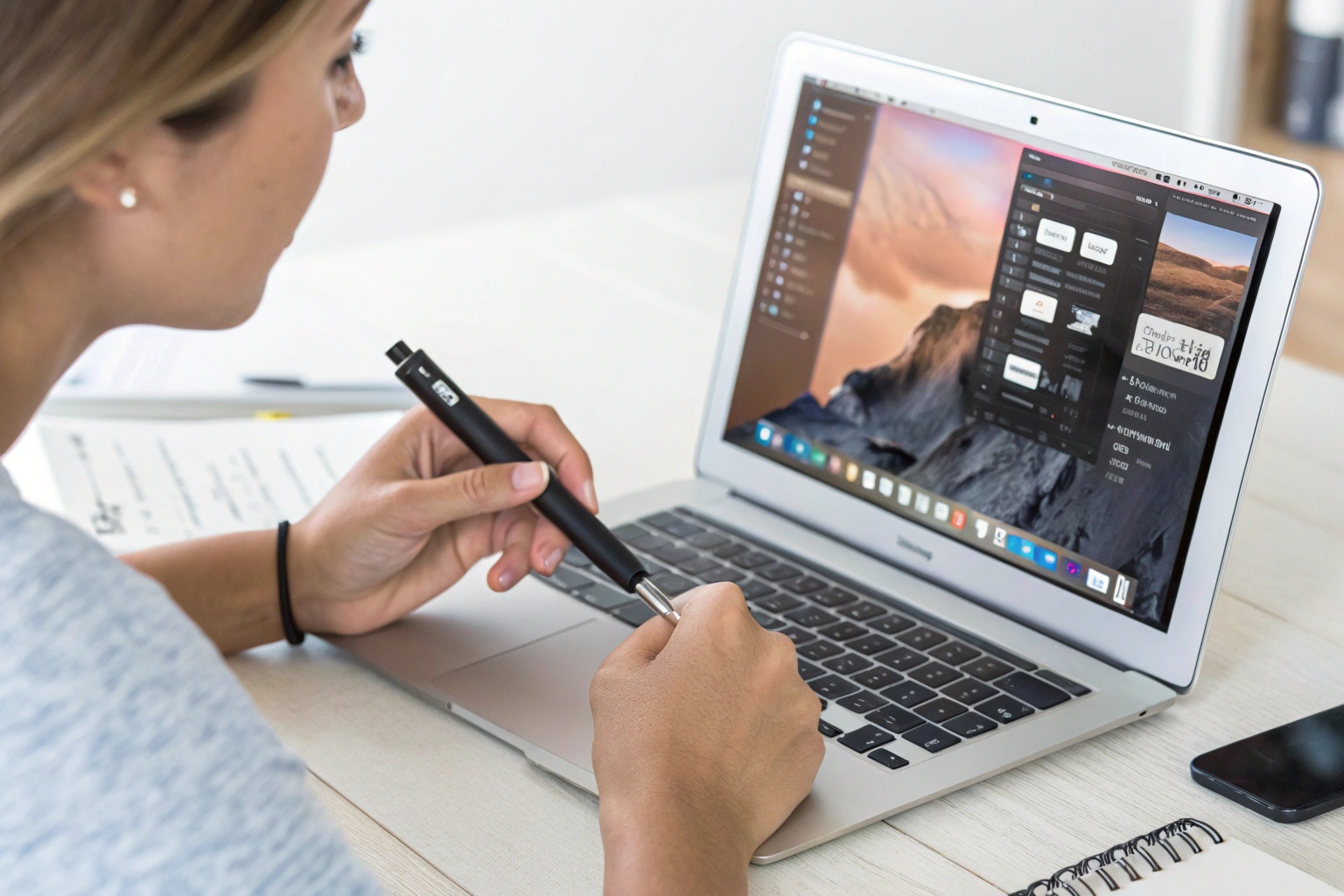 A person effortlessly plugging a spy pen directly into a laptop's USB port to transfer files.