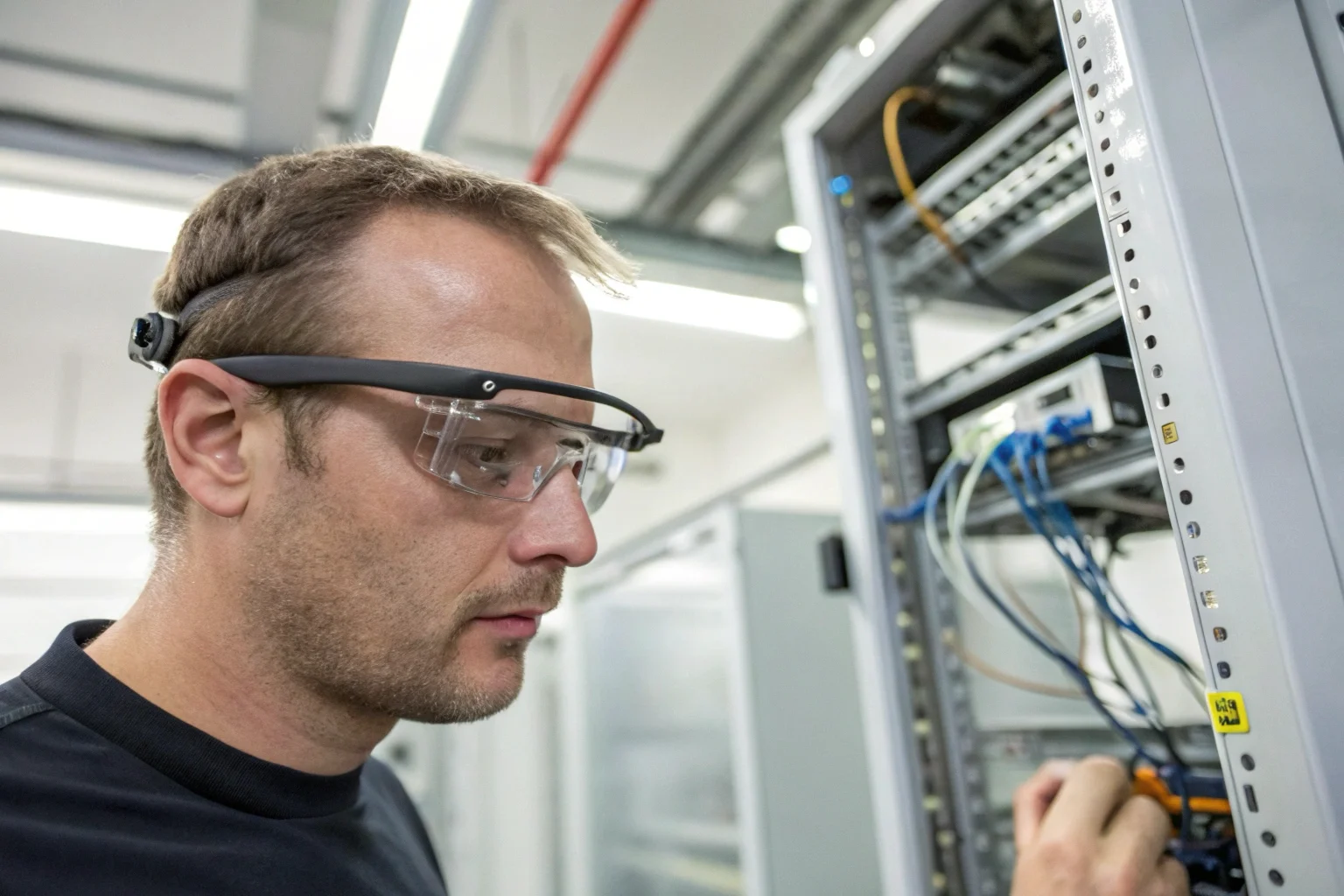 A field technician wearing camera glasses to discreetly record a repair job.