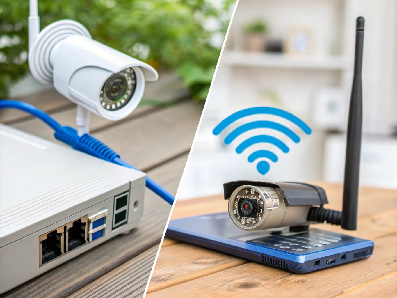 Un'immagine che mostra una telecamera spia che si connette in modalit&agrave; wireless a un router, contrapposta a una telecamera tradizionale collegata con un cavo Ethernet