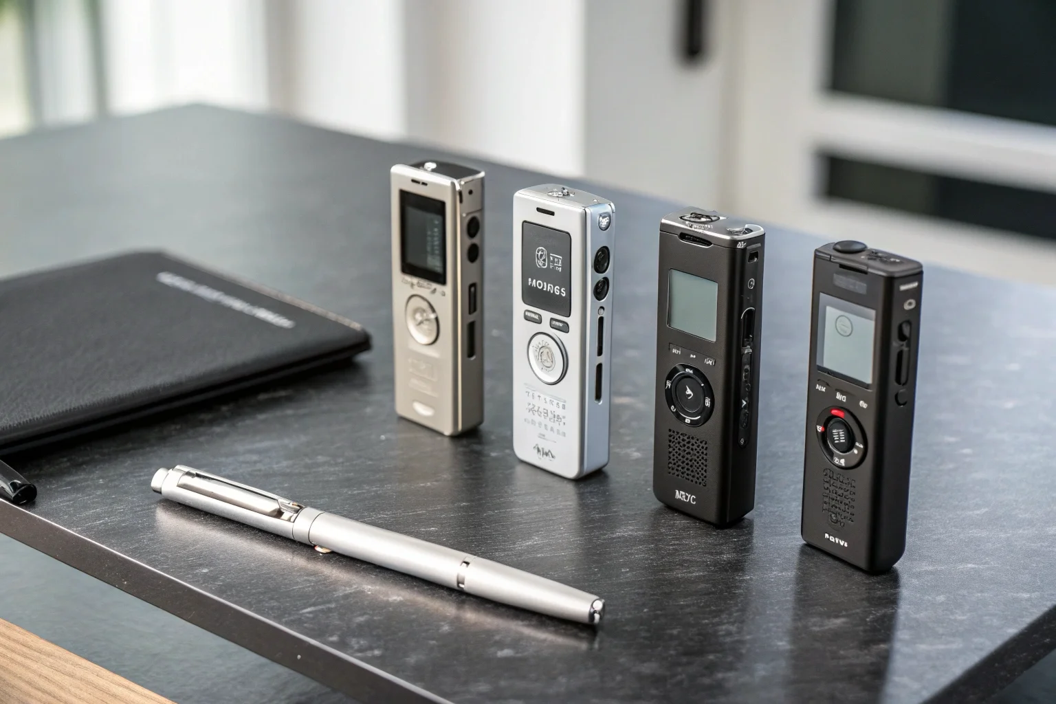 A showcase of five different high-tech mini voice recorders on a clean, professional background.