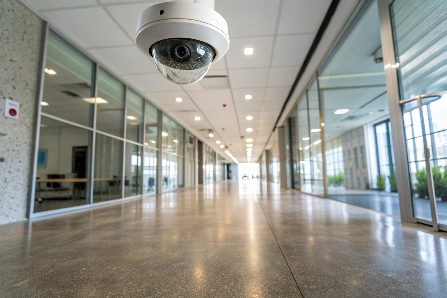A visible dome security camera mounted on the ceiling of a modern office hallway