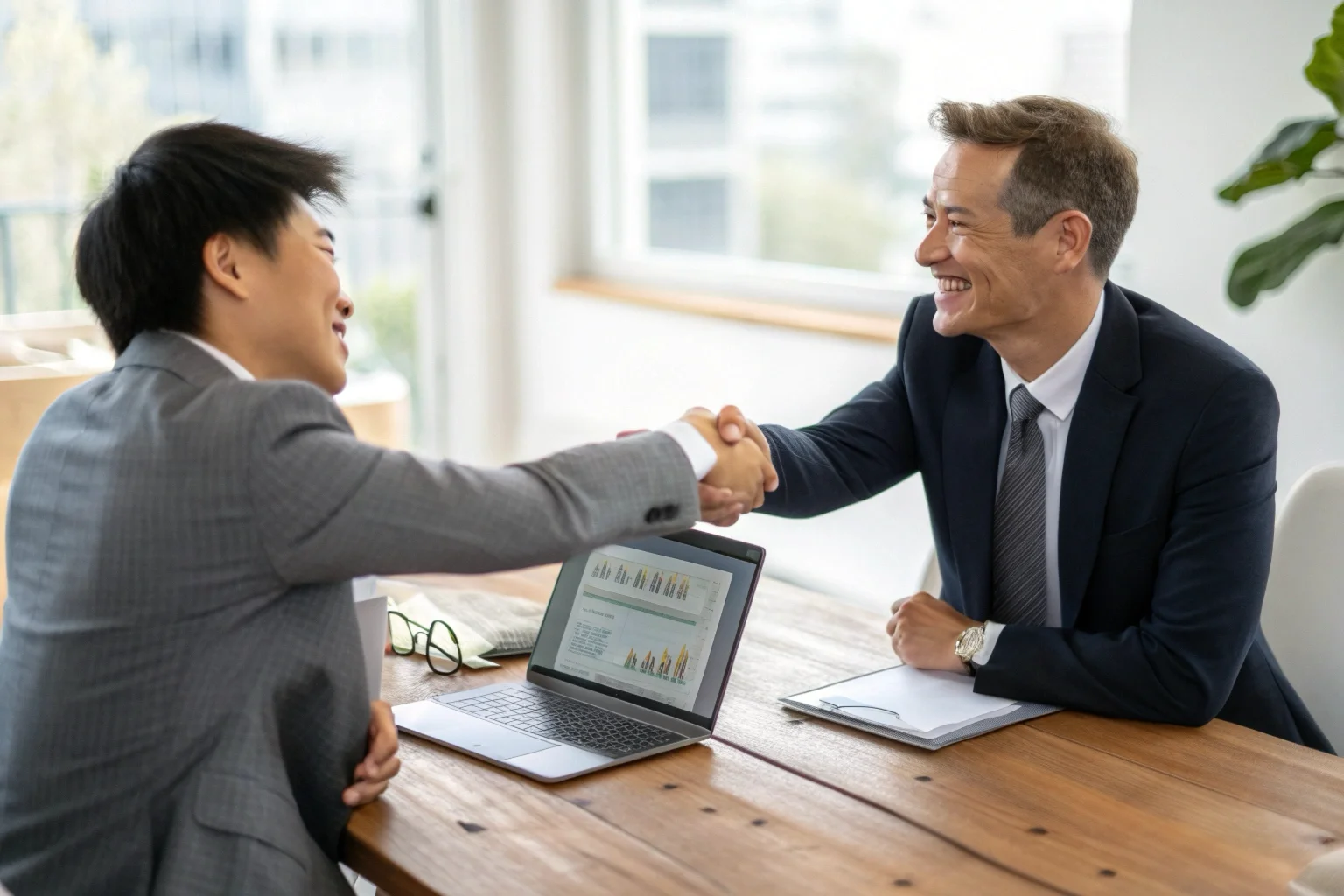 A handshake sealing a business deal in a modern office