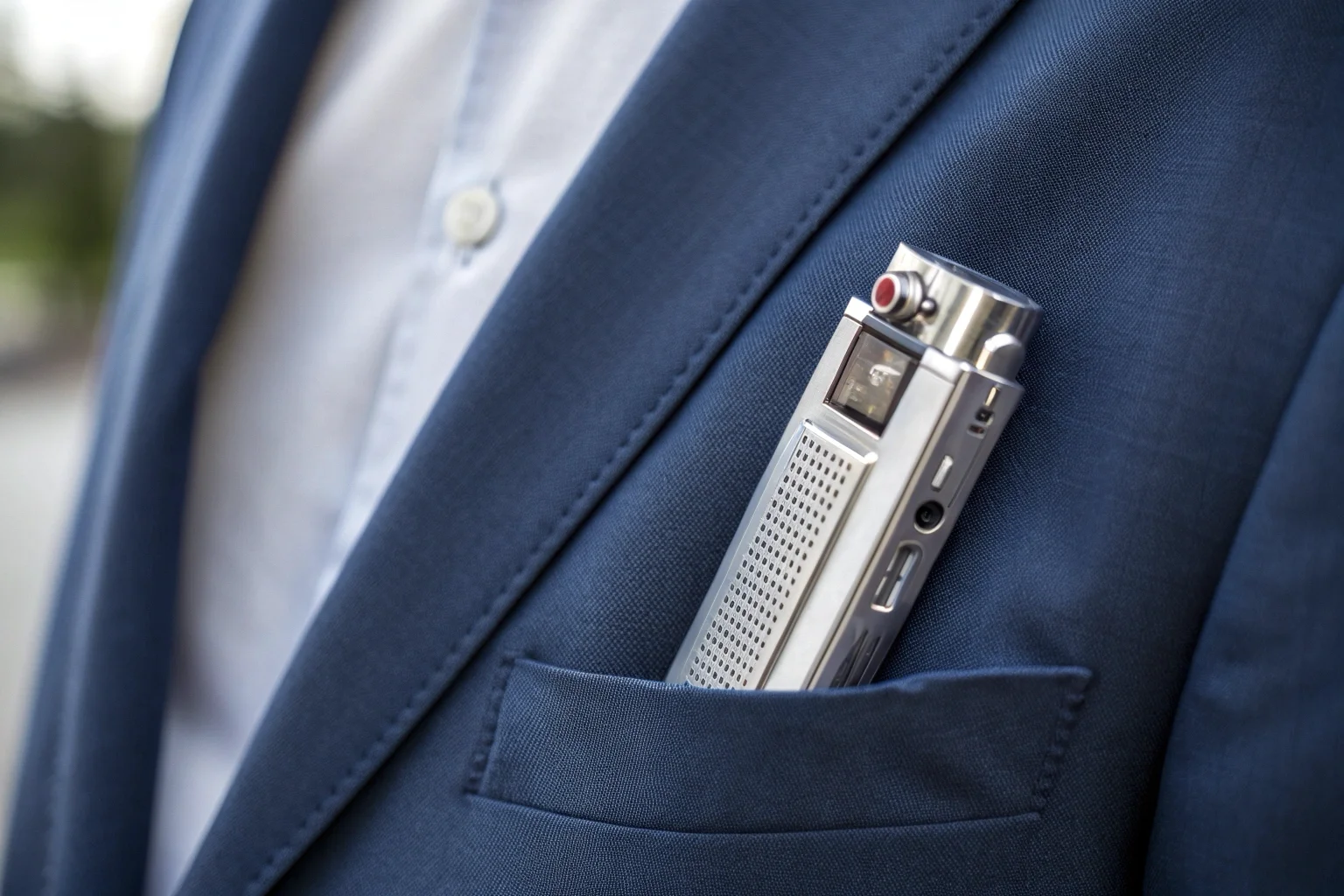 The V11 voice recorder with its aluminum body and clip, attached to the pocket of a business shirt.