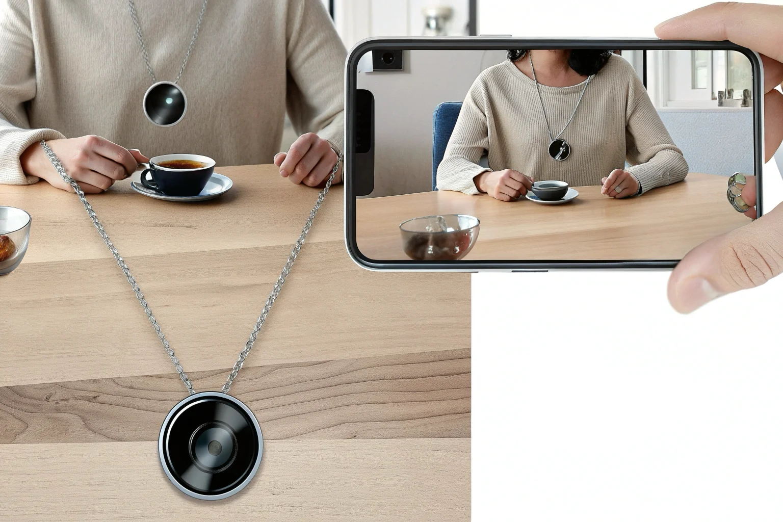 Una visuale in prima persona da una collana con telecamera spia che registra una conversazione d'affari