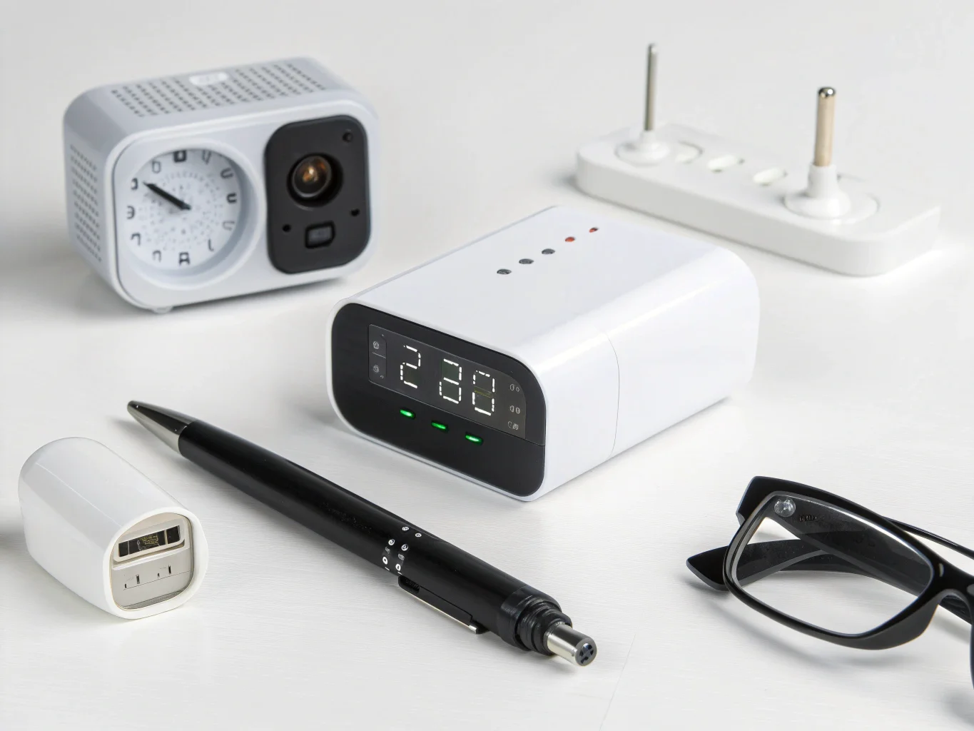 A collection of various hidden cameras, including a pen, a wall clock, and a USB charger, arranged on a clean white background.