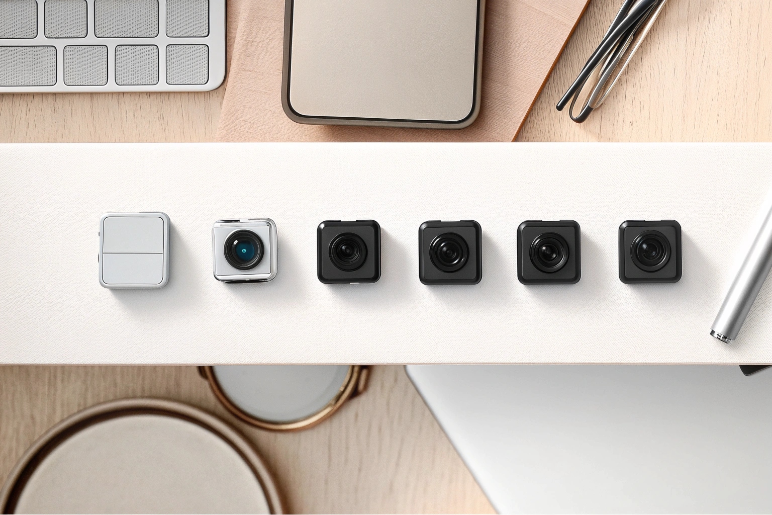 A collection of various tiny spy cameras on a clean white background
