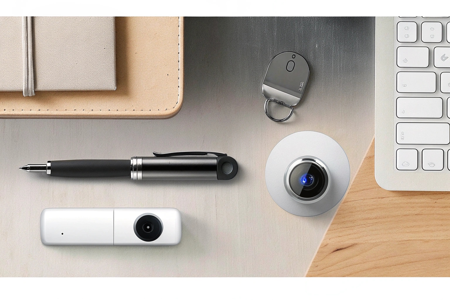 A collection of various spy cameras hidden in everyday objects like a pen, a clock, and a USB charger
