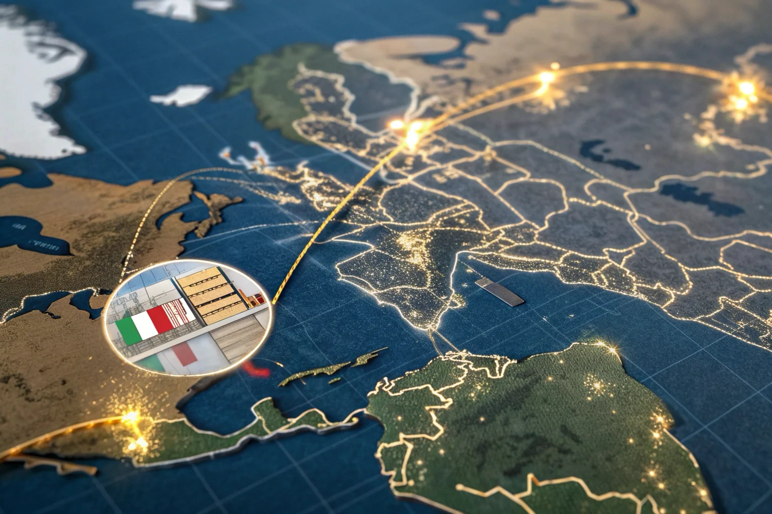 A map highlighting a supply chain route from Vietnam to an Italian warehouse