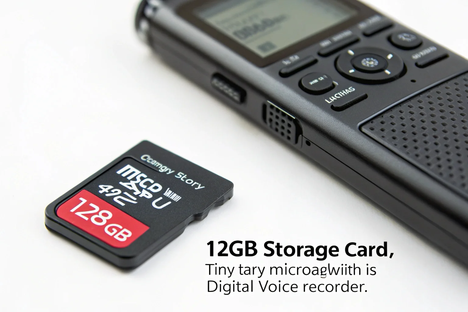 A 128GB microSD card placed next to a compact digital voice recorder to visually represent storage capacity