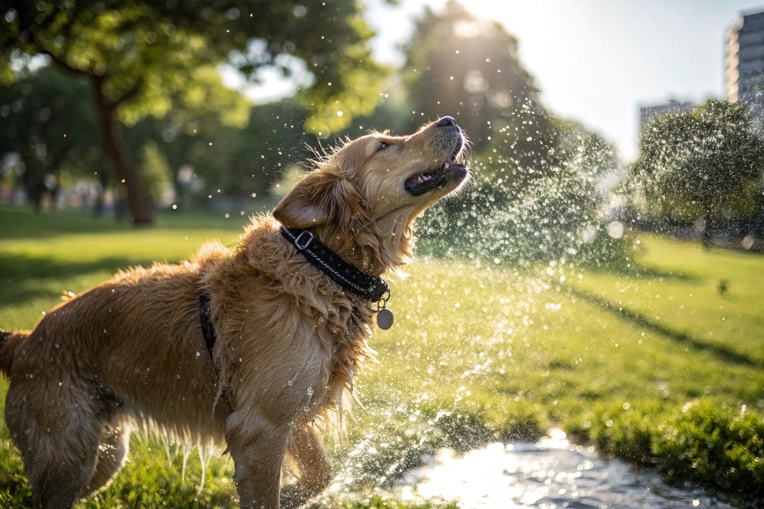 A close-up shot of a golden retriever shaking off water, with a rugged, waterproof smart collar clearly visible and unaffected