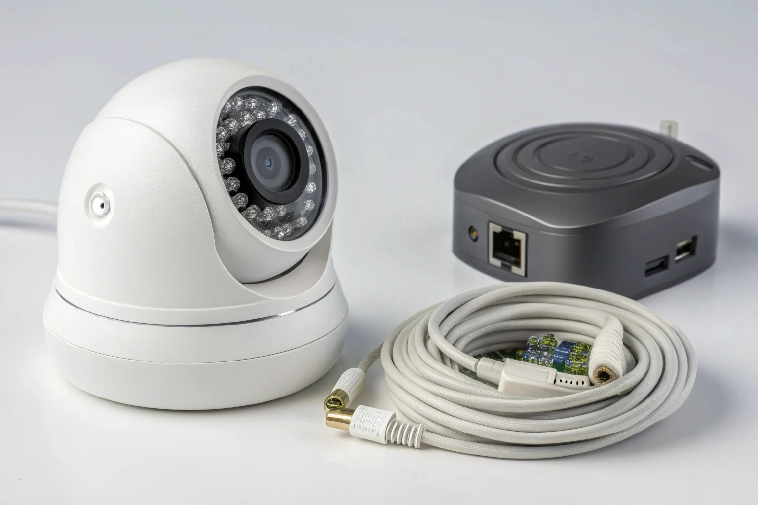 Una telecamera WiFi e una cablata una accanto all'altra su uno sfondo neutro