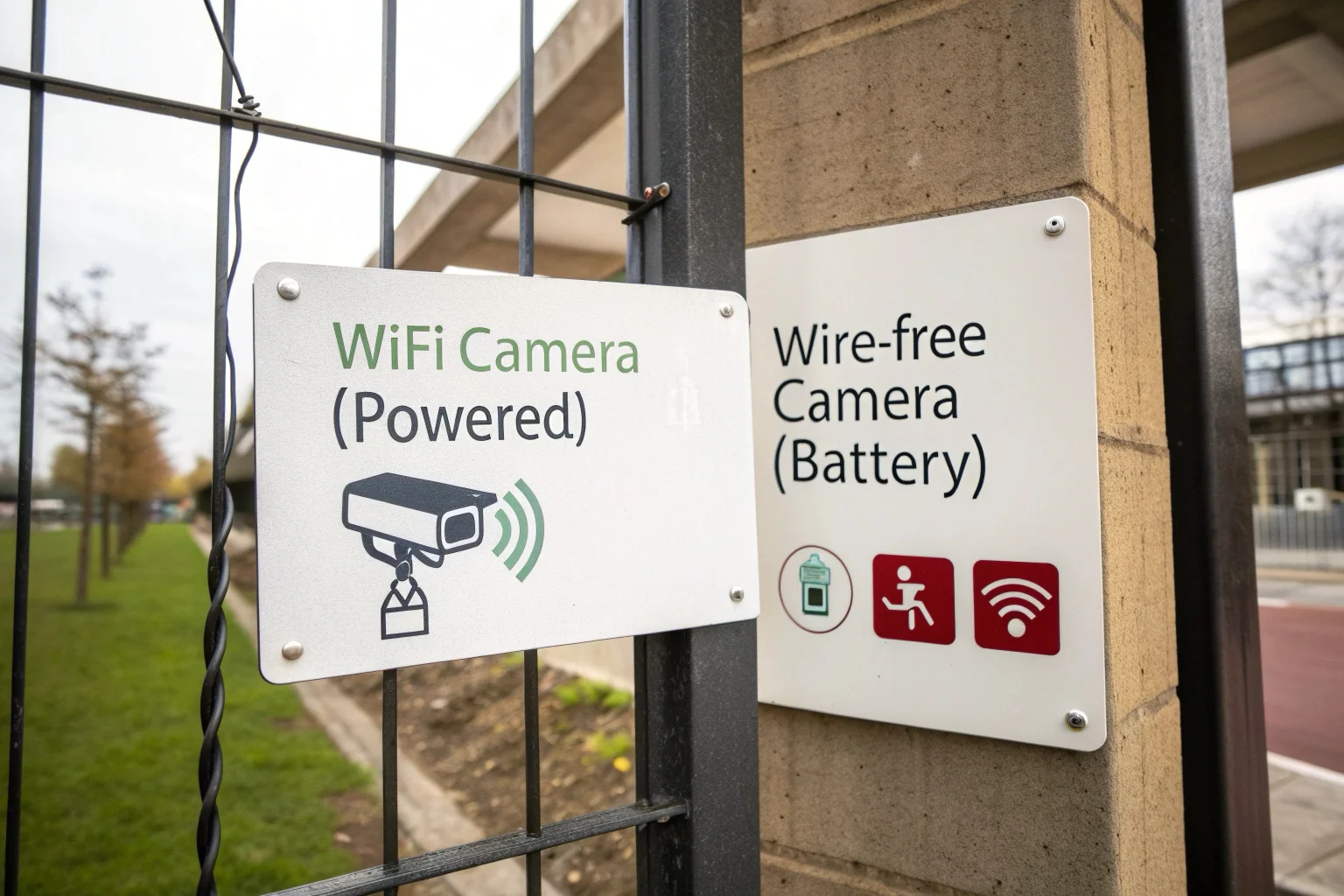 Un diagramma che mostra una telecamera WiFi che si collega a un router e una telecamera a batteria che si collega a una stazione base