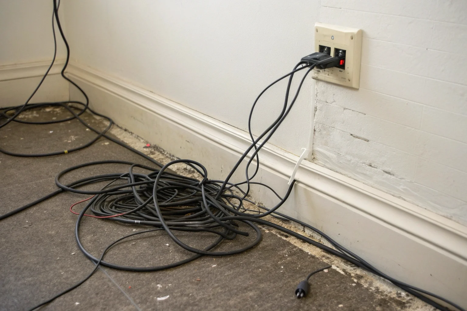 A messy tangle of security camera wires running along a wall and ceiling