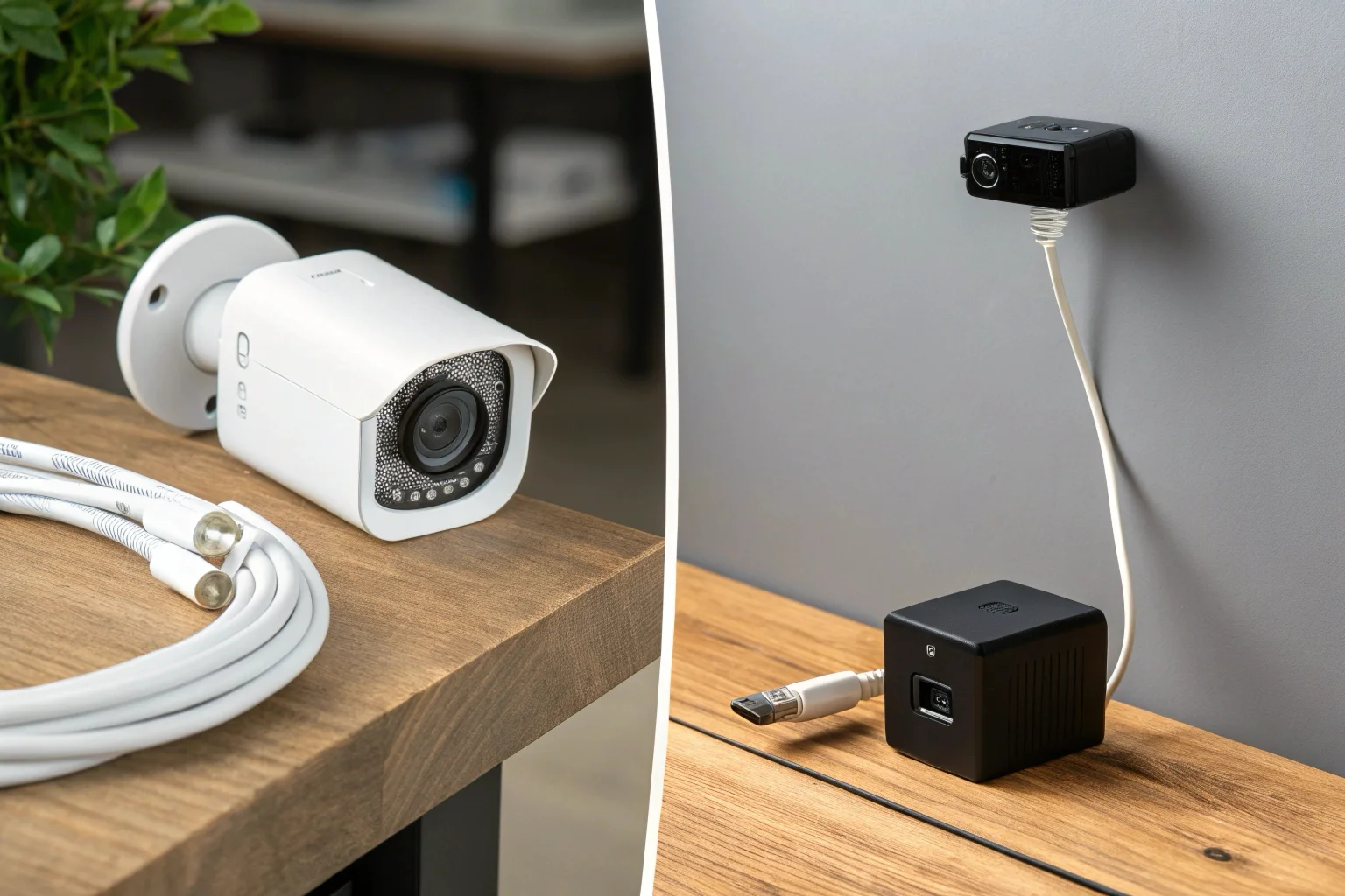 A side-by-side comparison of a sleek wireless camera and a robust wired camera.