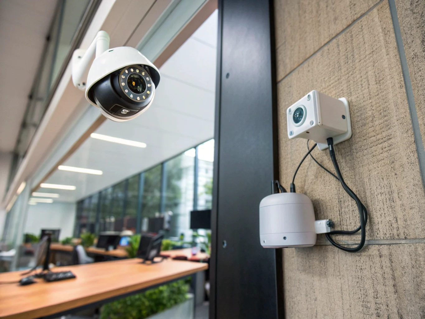 A side-by-side comparison of a wired camera installation and a sleek wireless camera