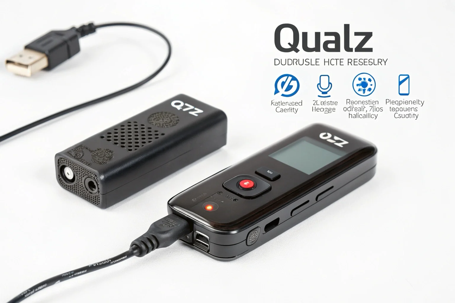 A QZT mini voice recorder charging next to a durable hidden camera.