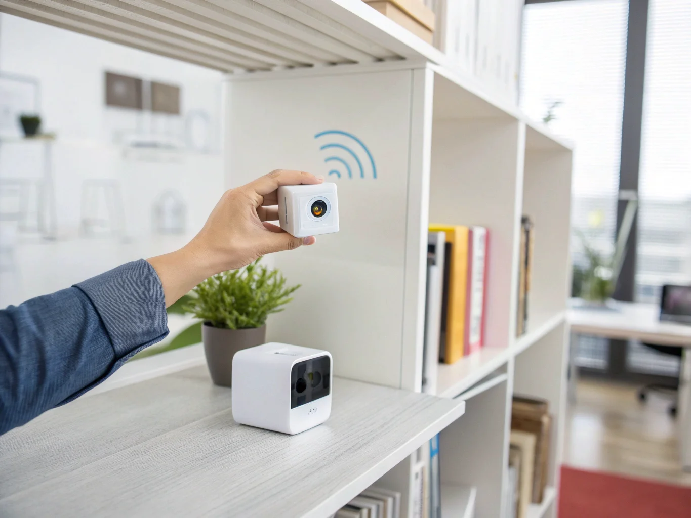 A modern office space with icons indicating easy, cable-free installation of small wireless security cameras.