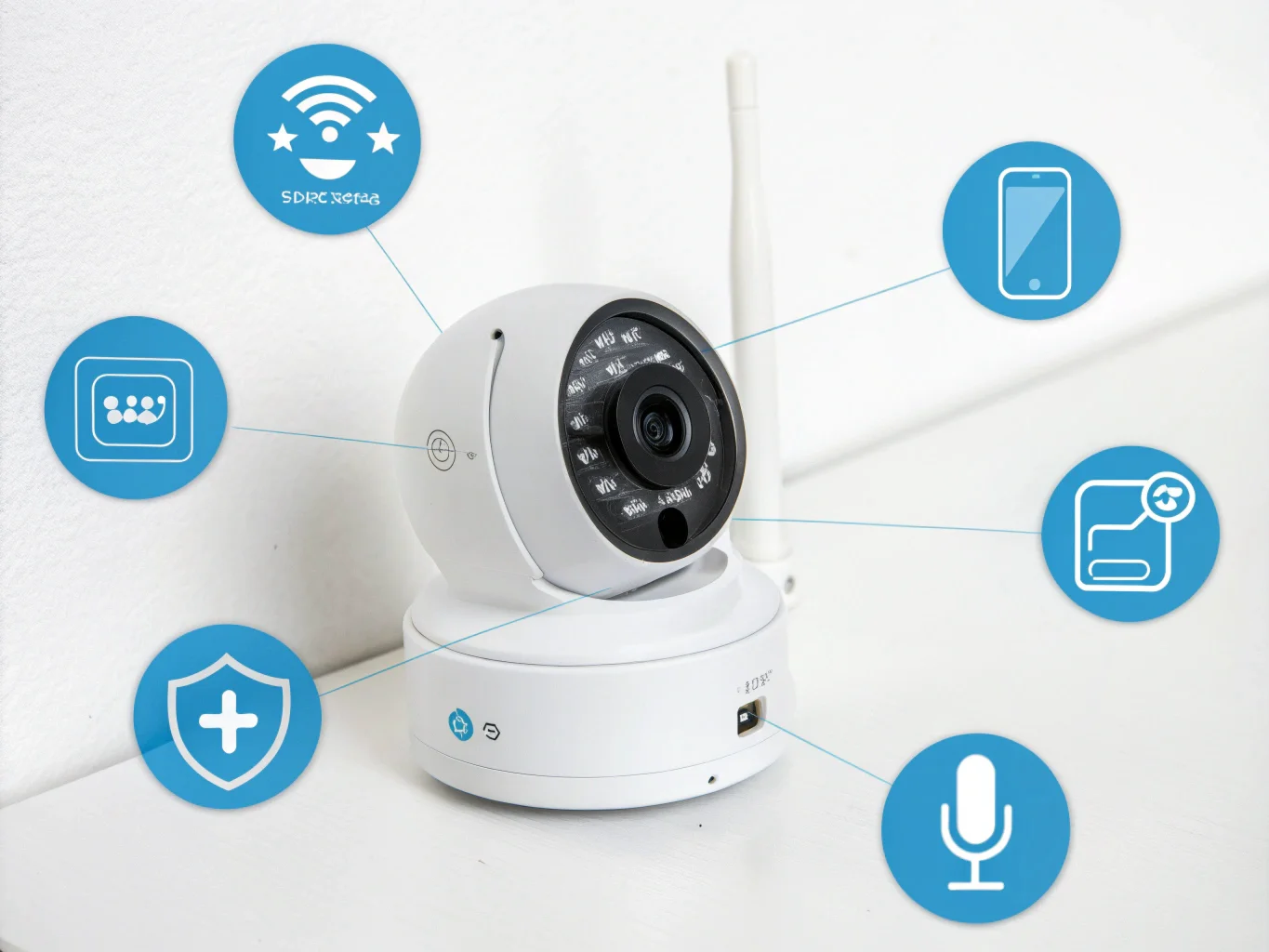 An infographic showing a wireless camera connecting to a WiFi router, with signals extending to a smartphone and laptop, illustrating remote access.