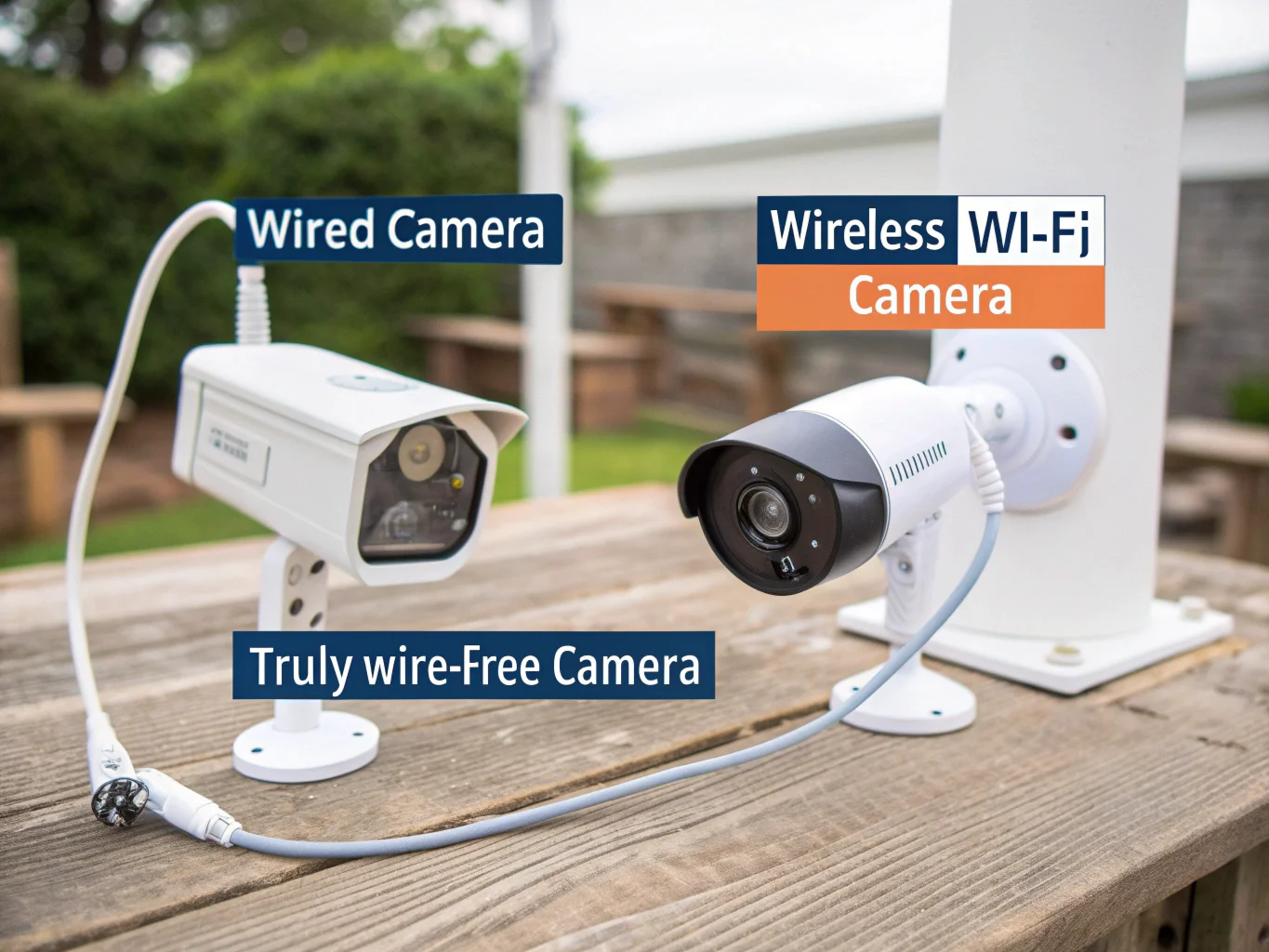 An infographic comparing wired, wireless Wi-Fi, and truly wire-free security cameras