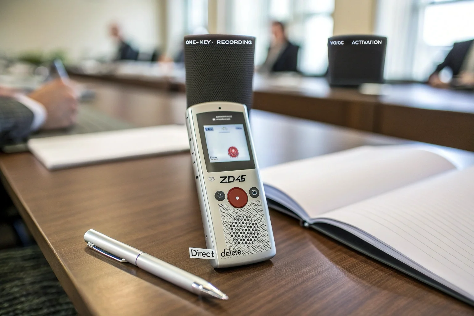 The ZD46 voice recorder shown in a business setting, with icons for one-key recording, voice activation, and a trash bin for deletion.