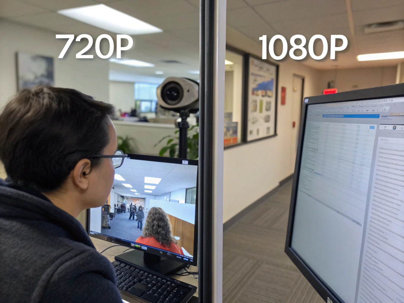 A split-screen image showing the clear difference in detail between a 720p video feed and a crisp 1080p video feed from a hidden camera.