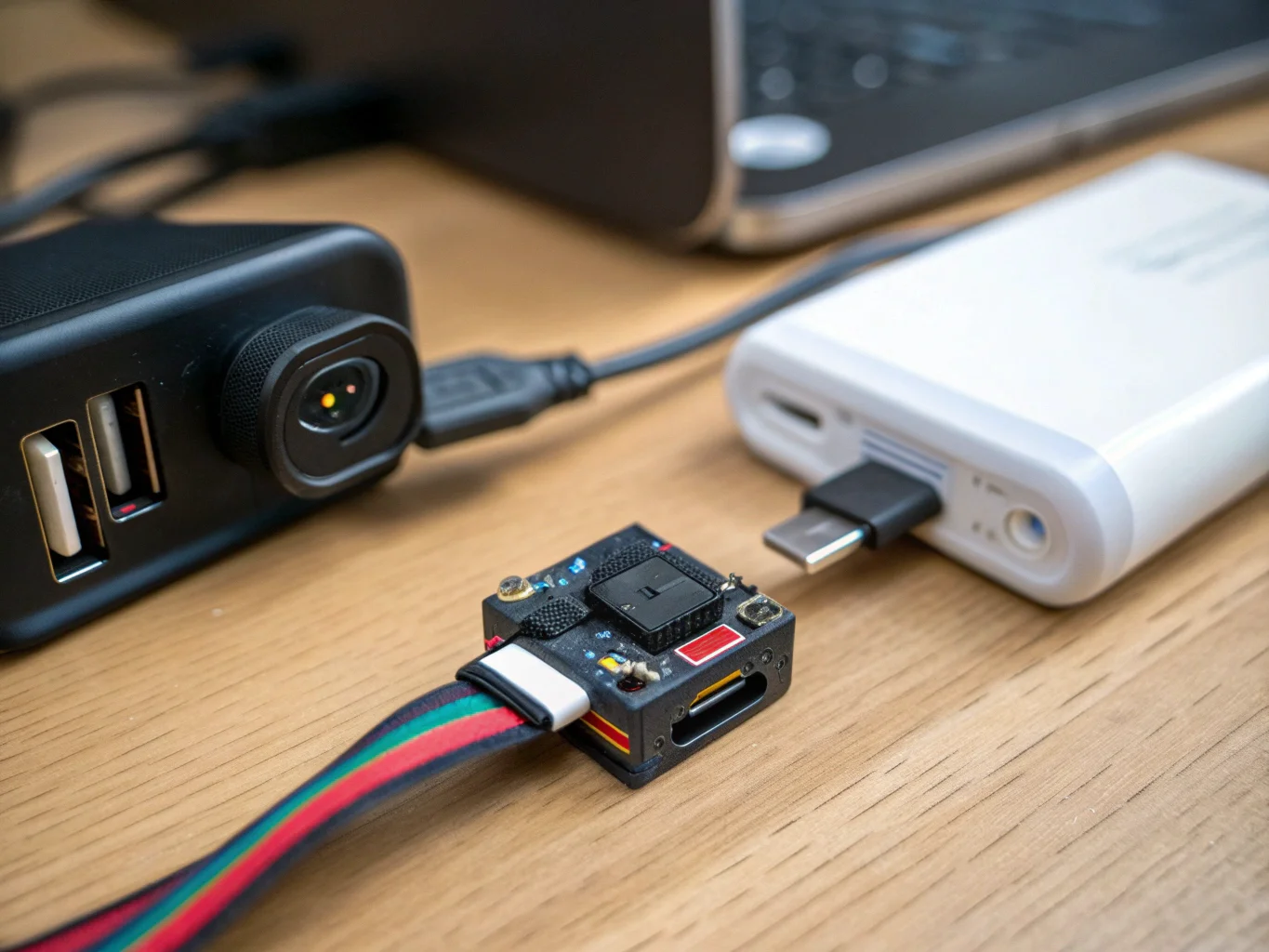 Una telecamera spia collegata a un power bank e a un adattatore a muro per la ricarica