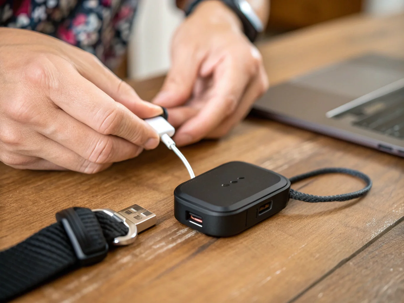 Gros plan d'une personne connectant un câble USB à un traceur GPS pour animaux afin de le recharger.