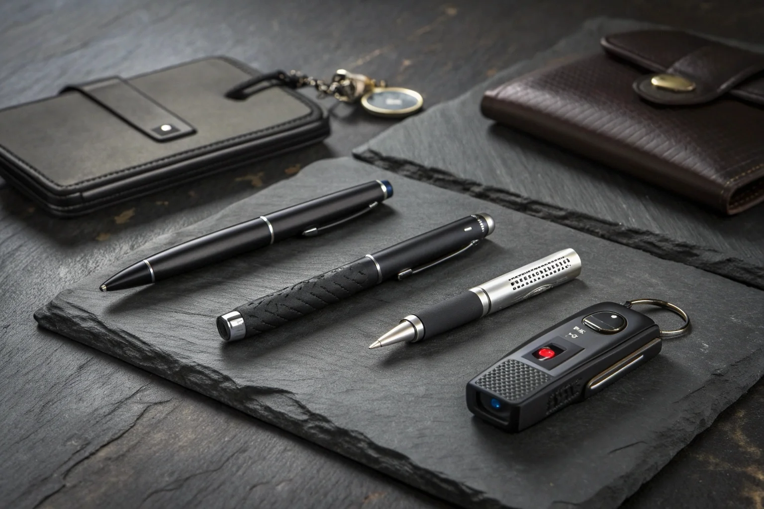 A collection of discreet spy voice recorders disguised as a pen, USB drive, and car key