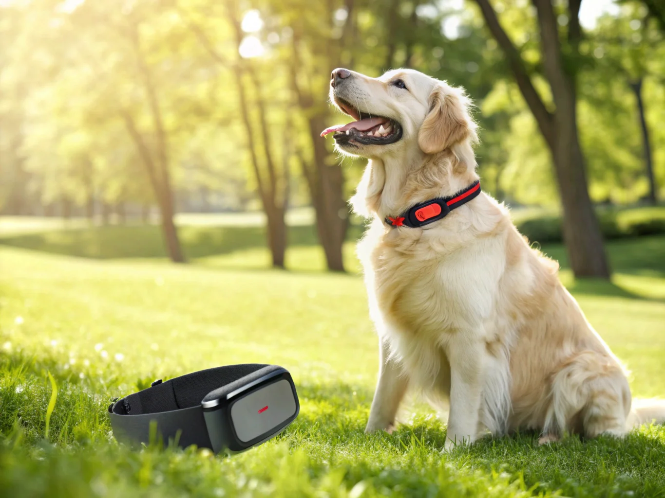 Un golden retriever portant un élégant traceur GPS sur son collier