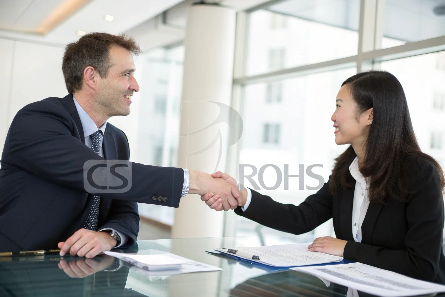 A business handshake between a European buyer and an Asian supplier in a modern office, with CE and ROHS certificates visible on the table.