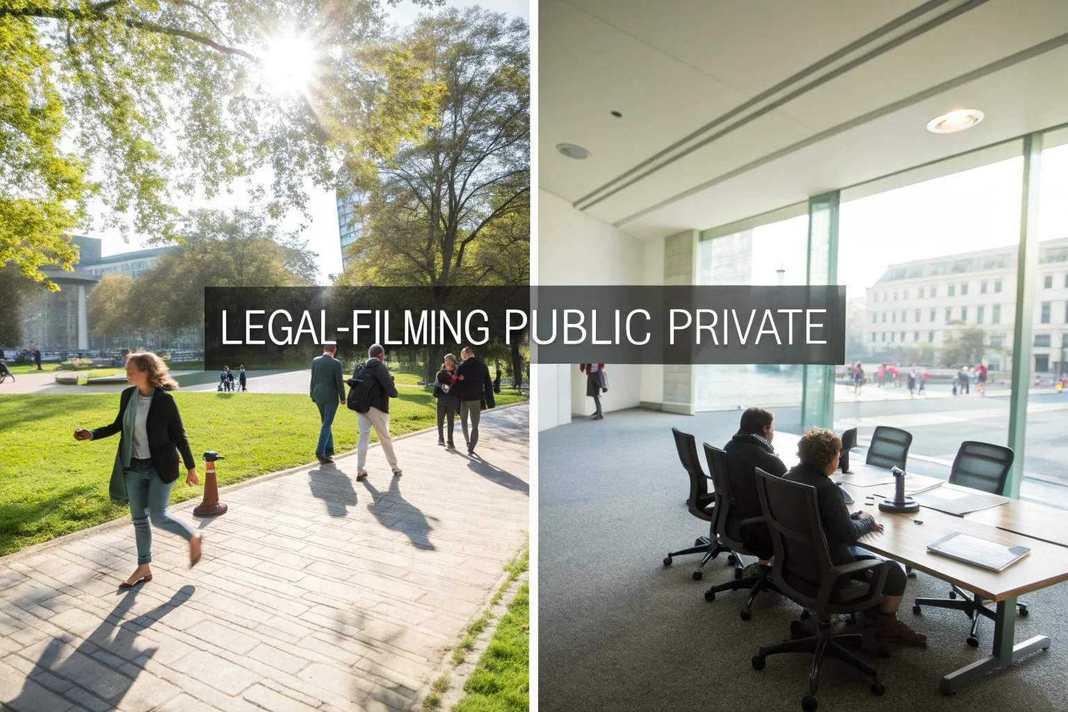 A split image showing a public park on one side and a private office meeting room on the other, with a subtle legal gavel icon in the middle.
