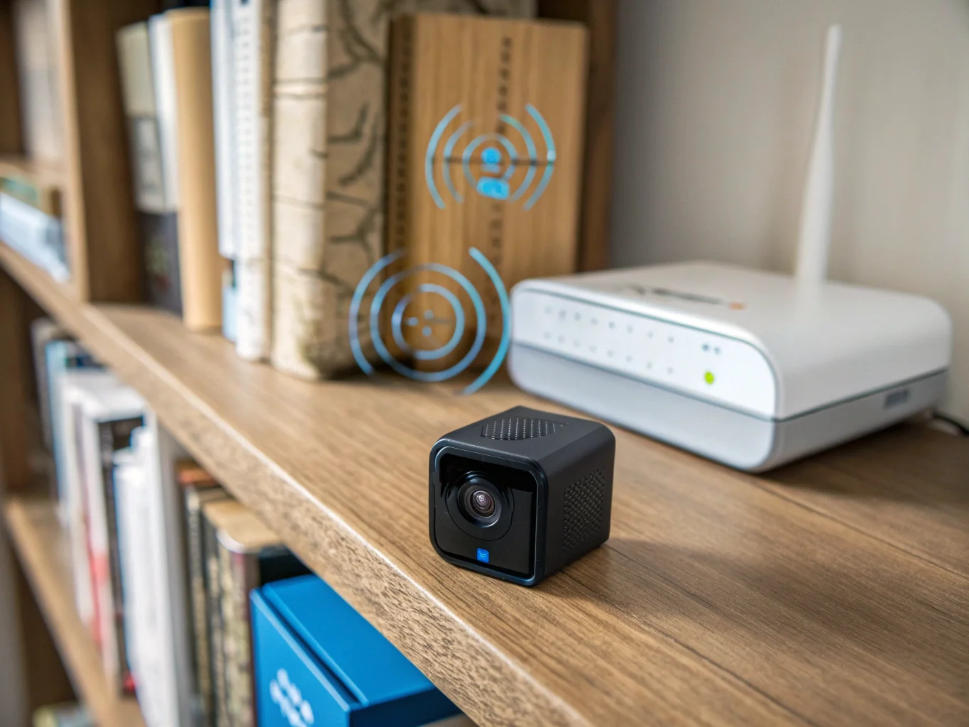 A small hidden camera on a bookshelf wirelessly connecting to a Wi-Fi router in the background