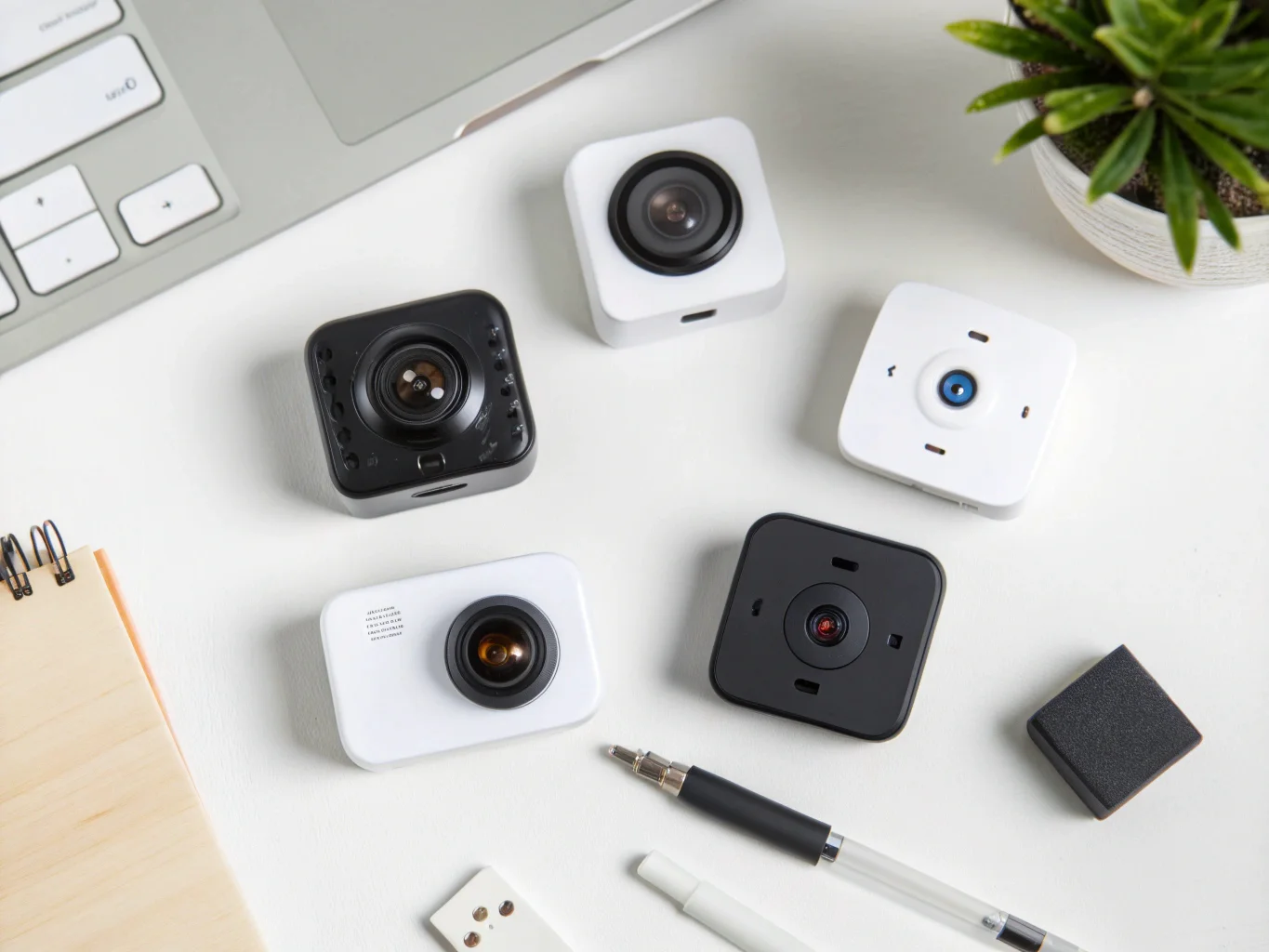 A collection of various mini wireless security cameras displayed on a clean, modern surface