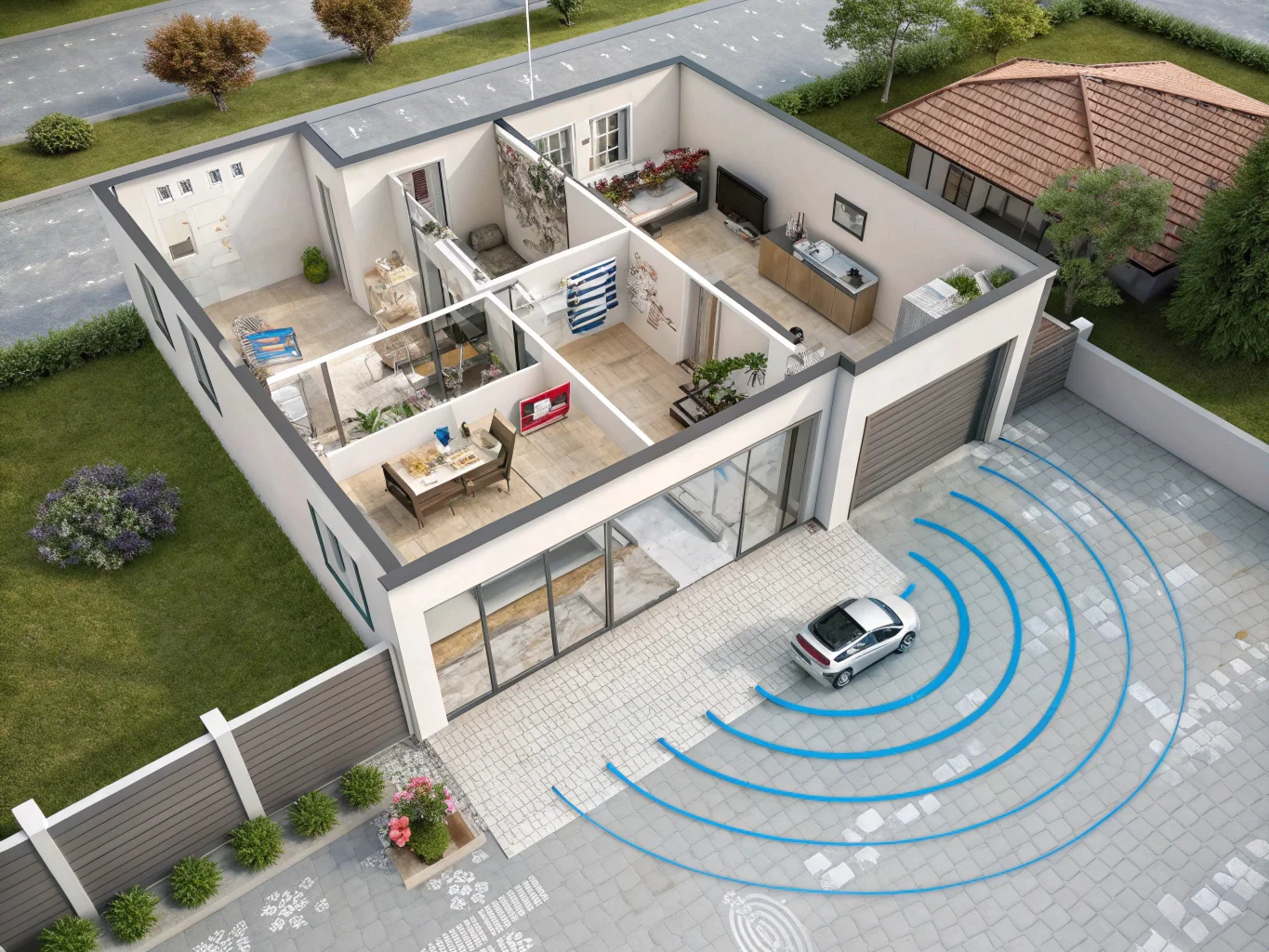 Diagramma che mostra come la portata del segnale Wi-Fi di una telecamera spia &egrave; influenzata da muri e ostacoli