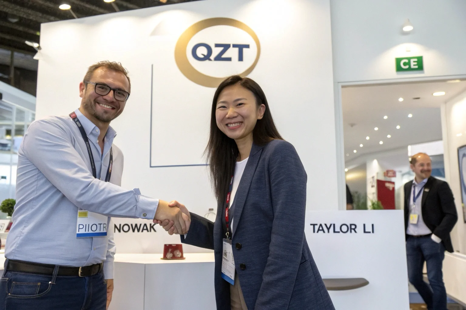 A business owner shaking hands with a QZT representative at a trade show