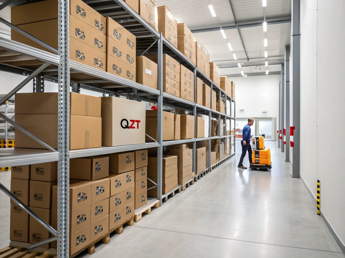 Interior of the QZT warehouse in Italy, with shelves stocked with branded boxes ready for shipping