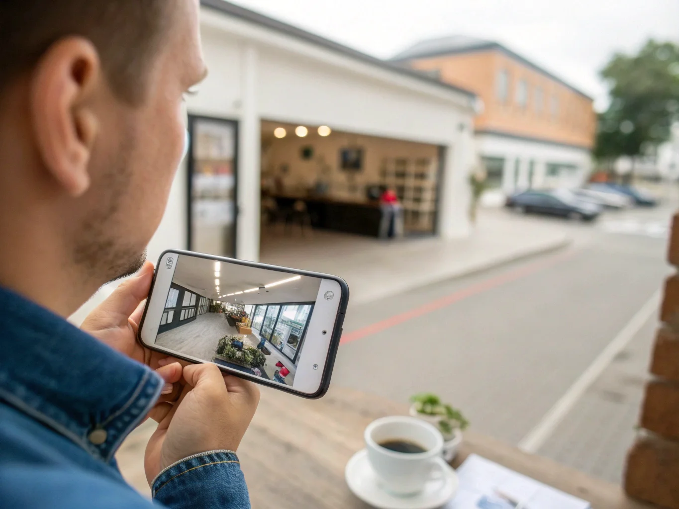 A person viewing a live camera feed on their smartphone while away from home