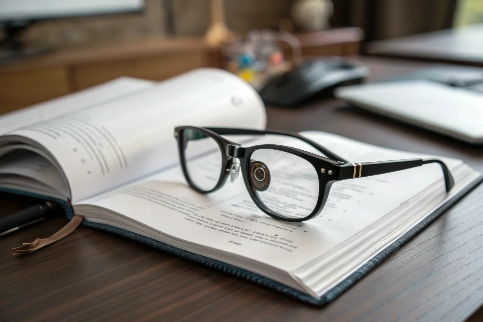 A pair of modern black-framed glasses resting on an open technical manual, with the camera lens being almost invisible.